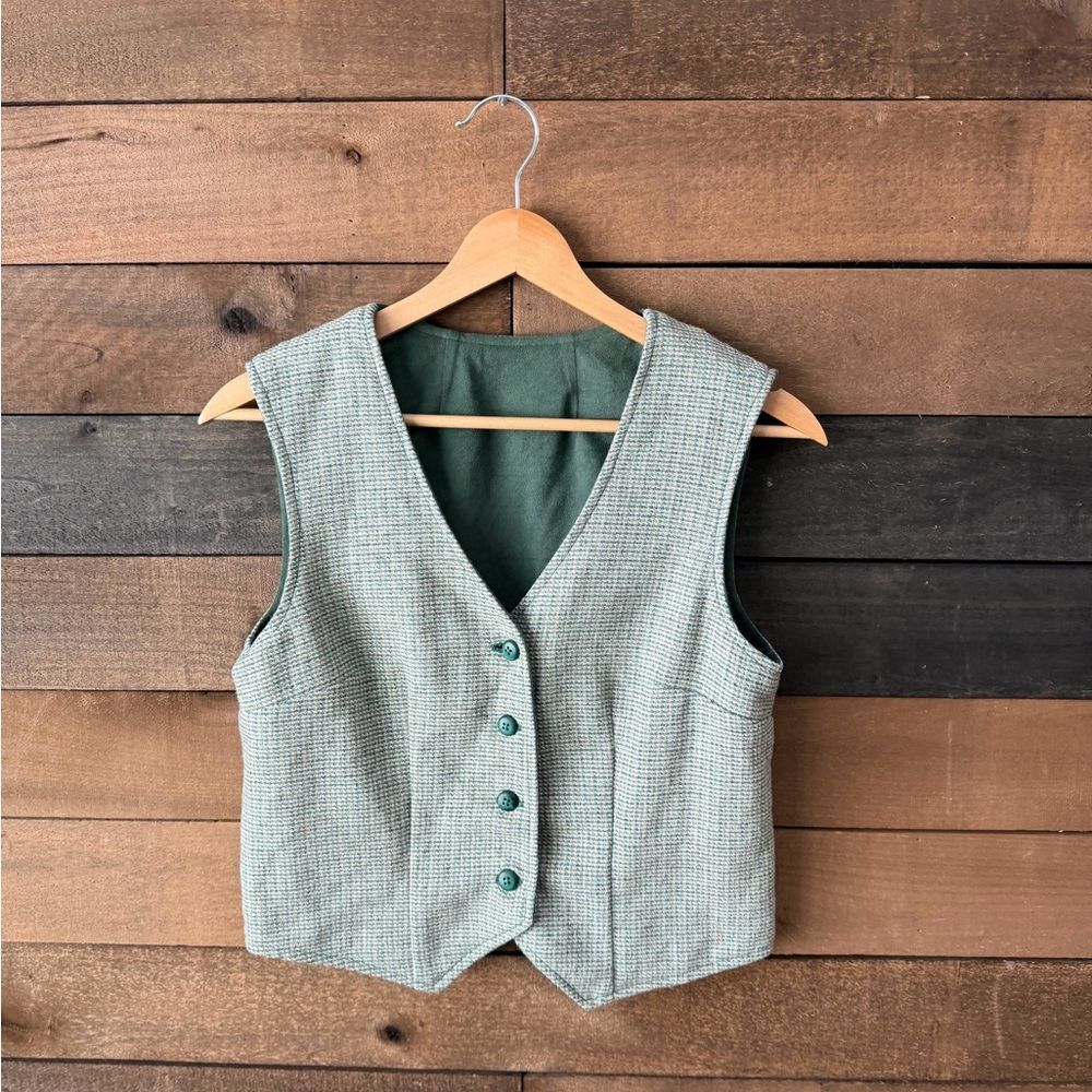 Vintage Blazer and Reversible Vest Set Green Textured Weave - Picture 10 of 15